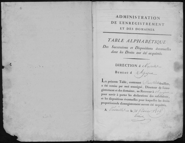 ARPAJON, bureau de l'enregistrement. - Tables des successions. - Vol. 3, 1814 - 31 décembre 1823, (lacunes : volume 2). 