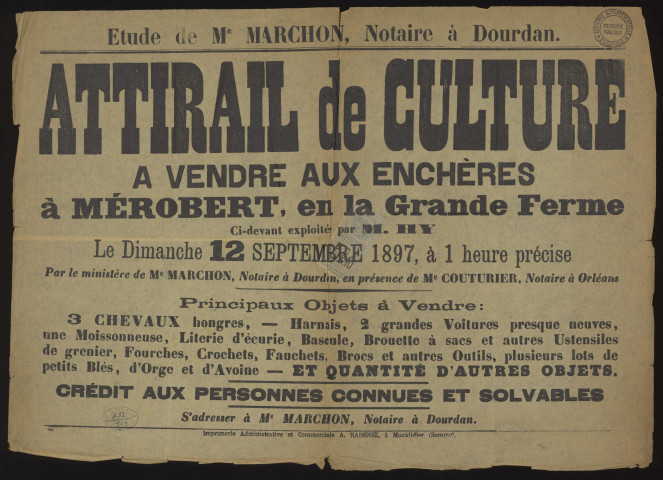 MEROBERT.- Vente aux enchères d'un attirail de culture, appartenant à M. HY, 12 septembre 1897. 