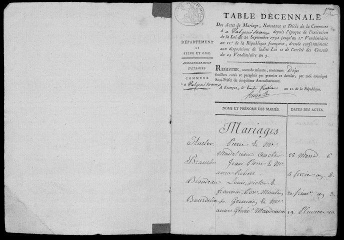 VALPUISEAUX. Tables décennales (1792-1902). 