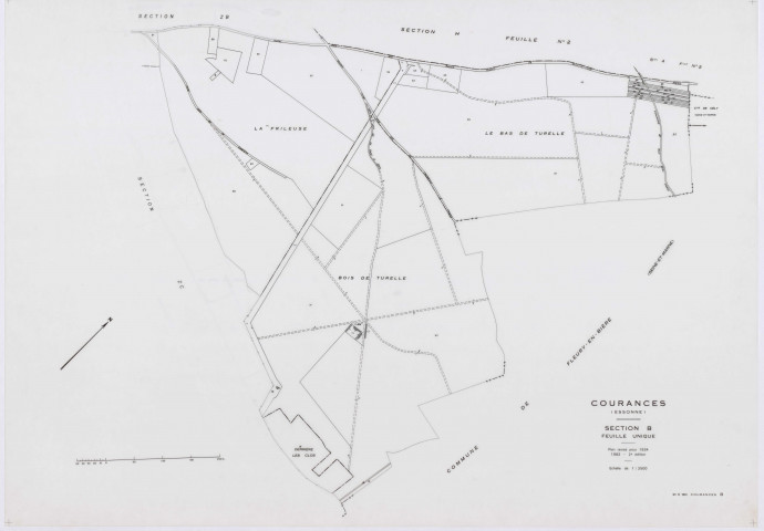 COURANCES, plans minutes de conservation : tableau d'assemblage, 1934, Ech. 1/10000 ; plans des sections B, F, 1934, Ech. 1/2500, sections A2, E2, G, H2, I1, 1934, Ech. 1/1250, sections ZA, ZB, ZC, ZD, 1999, Ech. 1/2000. Polyester. N et B. Dim. 105 x 80 cm [12 plans]. 