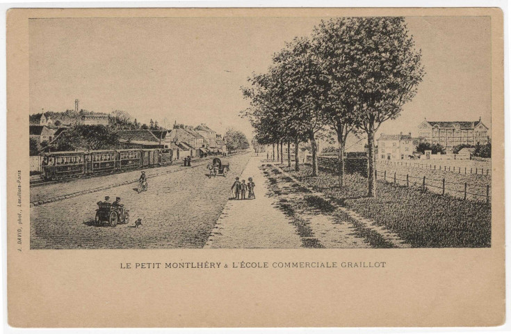 MONTLHERY. - Le Petit-Montlhéry, l'école commerciale Graillot et le tramway [Editeur David, dessin]. 