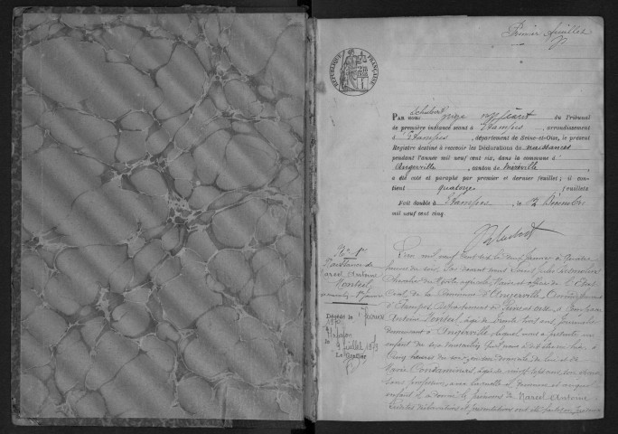 ANGERVILLE.- Naissances, mariages, décès : registre d'état civil (1906-1912). 