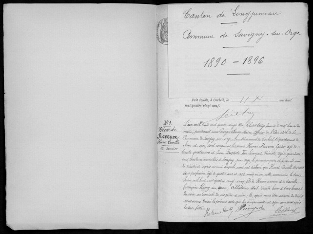 SAVIGNY-SUR-ORGE. Naissances, mariages, décès : registre d'état civil (1890-1896). 