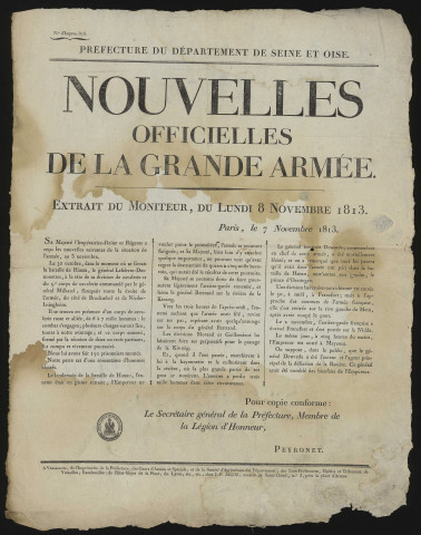 Seine-et-Oise [Département].- Nouvelles officielles de la Grande Armée [extrait du moniteur du 8 novembre 1813], 7 novembre 1813. 