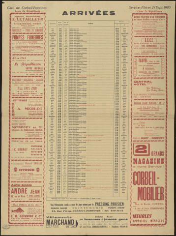 Le Républicain [quotidien régional d'information]. - Arrivées des trains en gare de Corbeil-Essonnes, à partir du 27 septembre 1970 [service d'hiver] (1970). 