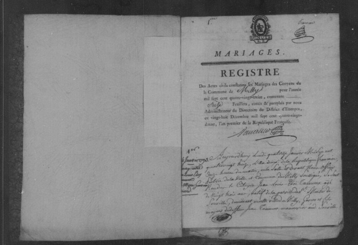 MILLY-LA-FORET. Mariages : registre d'état civil (1793-1808). [Nota bene : pour l'an VII et les six premiers mois de l'an VIII, le registre des mariages concerne toutes les communes du canton]. 