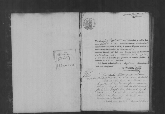 DOURDAN. Naissances, mariages, décès : registre d'état civil (1830-1831). 
