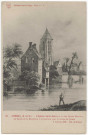 CORBEIL-ESSONNES. - L'église Saint-Spire et un des quatre moulins du canal de la Boucherie à sa jonction avec la rivière de Juine (d'après dessin de Lefrane et lith. de Becquet en 1839), Paul Allorge. 