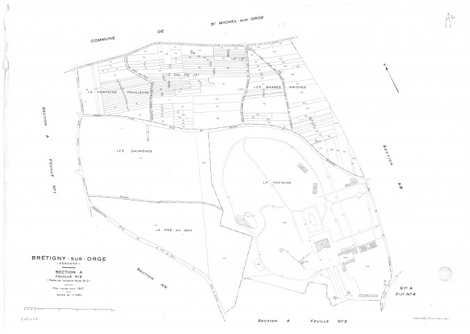 BRETIGNY-SUR-ORGE .- Cadastre révisé pour 1957 : plan du tableau d'assemblage, plans de la section A 1ère feuille, idem 2ème feuille, idem 3ème feuille, idem 4ème feuille, section AB, section AC, section AD, section AE, section AH, section AI, section AK, section AL, section AM, section C 1ère feuille, idem 2ème feuille, idem 3ème feuille, section D, section E, section F ; cadastre révisé pour 1957 mis à jour pour 1971 : plans de la section C 1ère feuille, idem 2ème feuille, idem 3ème feuille, section D ; cadastre révisé pour 1957 mis à jour pour 1972 : plans de la section AH, section AI, section AL, [27 plans]. 