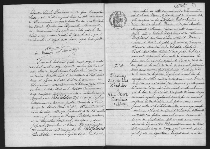 CHAMARANDE.- Naissances, mariages, décès : registre d'état civil (1891-1905). 