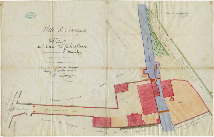 MARCHON, notaire, DOURDAN. - Correspondance, factures, plan en couleur du moulin de GEROFOSSE et de ses dépendances (aquarelle) (1913), état des lieux, actes de vente, tableau généalogique, cahier des charges, titres concernant le moulin de GEROFOSSE dont la vente s'est faite par licitation. 