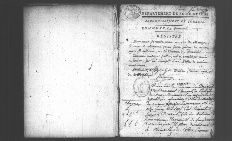 MAINVILLE (DRAVEIL). Naissances, mariages, décès : registre d'état civil (an XI-1807). 