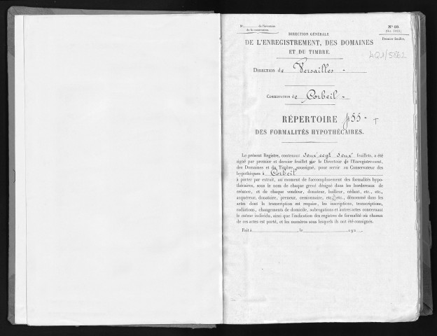 Conservation des hypothèques de CORBEIL. - Répertoire des formalités hypothécaires, volume n° 455 : A-Z (registre ouvert vers 1920). 