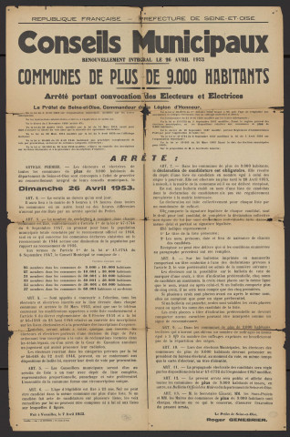 Seine-et-Oise [Département]. - Arrêté portant convocation des électeurs et électrices pour le renouvellement intégral des conseils municipaux, 26 avril 1953. 