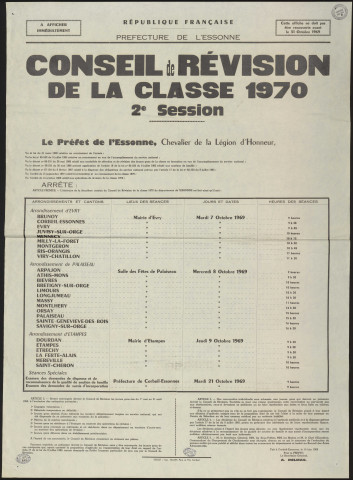 Essonne [Département]. - Recensement militaire - classe 1970 - 2ème session, pour les jeunes nés entre le 1er mai et le 31 août 1950, 14 juin 1969. 