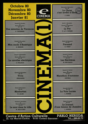 CORBEIL-ESSONNES.- Centre d'action culturelle Pablo Néruda : programme cinéma, octobre 1980-janvier 1981. 