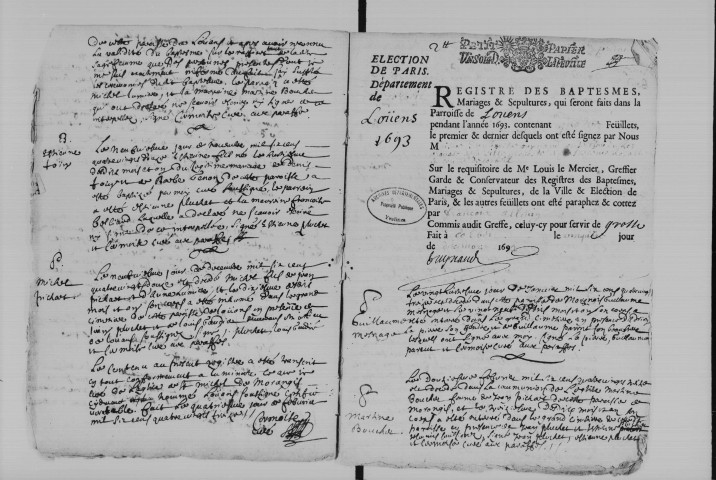 MORANGIS. Paroisse Saint-Michel : Baptêmes, mariages, sépultures : registre paroissial (1692-1746). [Lacunes : B.M.S. (1710-1736)]. 