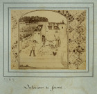 MARCOUSSIS.- Intérieur d'une ferme, 1876, N et B. Dim. 11,5 x 14,5 cm. [reproduction d'une enluminure]. 