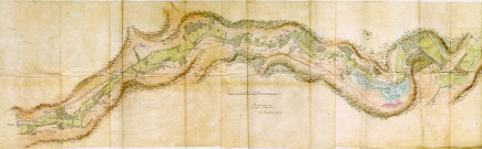 Bassin de la Juine. - Plan du cours de la Juine depuis Etampes jusqu'à son embouchure dans l'Essonne. 1829. Ech. 1/1200. Calque. Coul. Dim. 1.69 x 0.525 