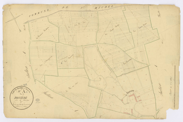 BRETIGNY-SUR-ORGE. - Section A - Rosière, 2ème feuille, ech. 1/1250, coul., aquarelle, papier, 65x98 (1820). 