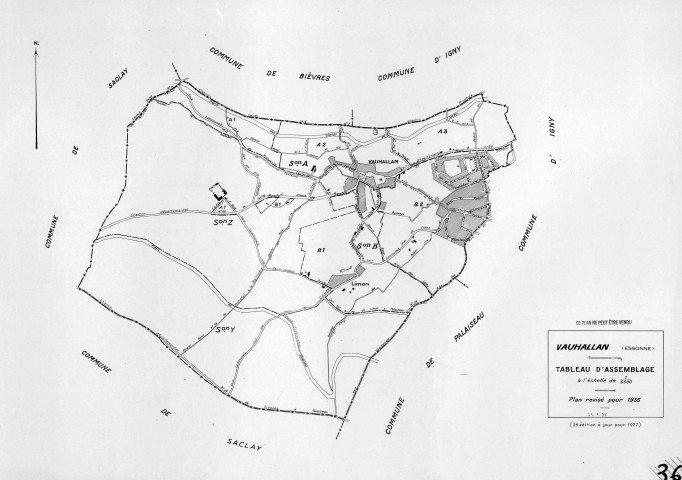 VAUHALLAN. - Plan révisé pour 1935, à jour pour 1976 (2ème, 3ème édition) : plans des sections A (feuilles 1, 3), et B (feuilles 1-2) ; plan révisé pour 1935, à jour pour 1977 : plans du tableau d'assemblage et de la section A ; plan révisé pour 1935, à jour pour 1983 : plans des sections A (feuilles 2-3) et B (feuille 2) ; plan révisé pour 1935, à jour pour 1984 : plan de la section B ; feuille renouvelée pour 1961 : plans des sections Y et Z ; feuille remembrée pour 1961, à jour pour 1983 : plan de la section Z. [13 plans].