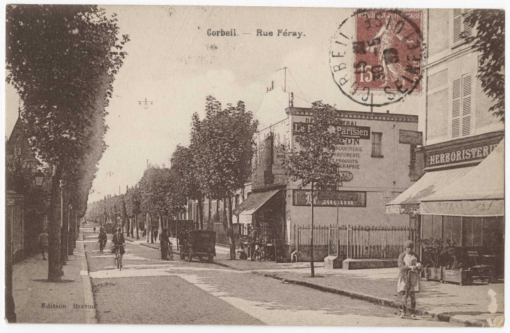 CORBEIL-ESSONNES. - Rue Féray et librairie Breton, Breton, 1930, 3 mots, 15 c, ad., sépia. 