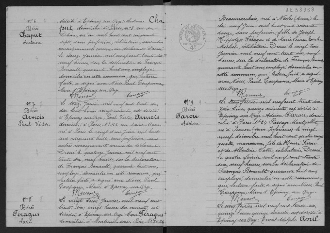 EPINAY-SUR-ORGE.- Décès : registre d'état civil. 