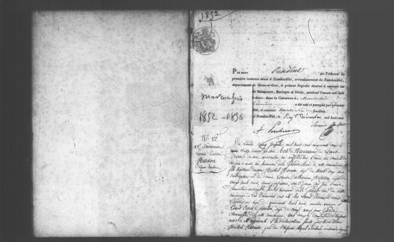MARCOUSSIS. Naissances, mariages, décès : registre d'état civil (1852-1856). 