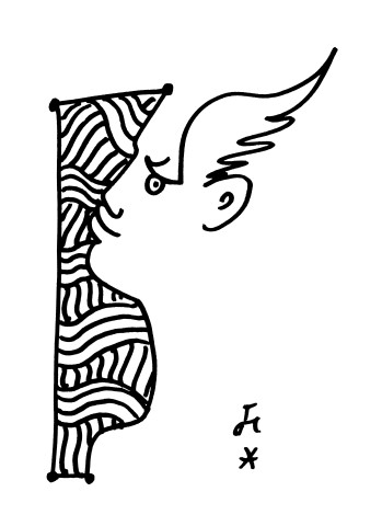 Profil d'ange avec aile sur tête, devant décor, dessin de Jean COCTEAU, sans date. Reproduction, 2 contretypes positif noir et blanc.