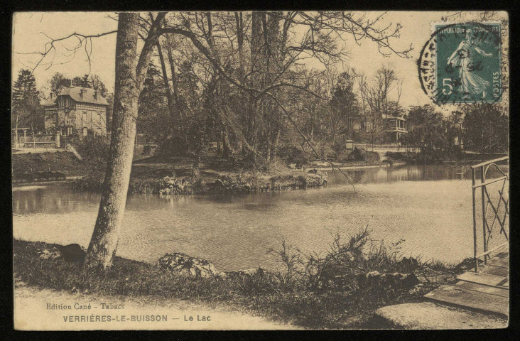 VERRIERES-LE-BUISSON. - Le lac. (Edition Cané, 1913, 1 timbre à 5 centimes, sépia.) 