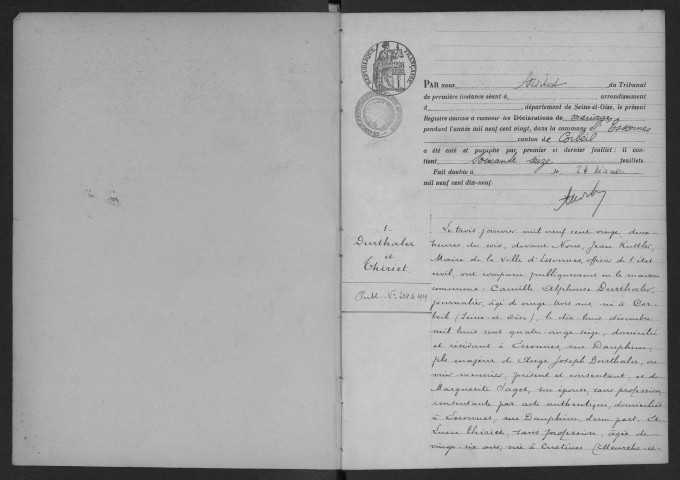 ESSONNES.- Mariages : registre d'état civil (3 janvier-21 juin 1920). 