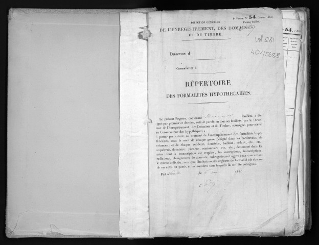 Conservation des hypothèques de CORBEIL. - Répertoire des formalités hypothécaires, volume n° 281 : A-Z (registre ouvert en 1883). 