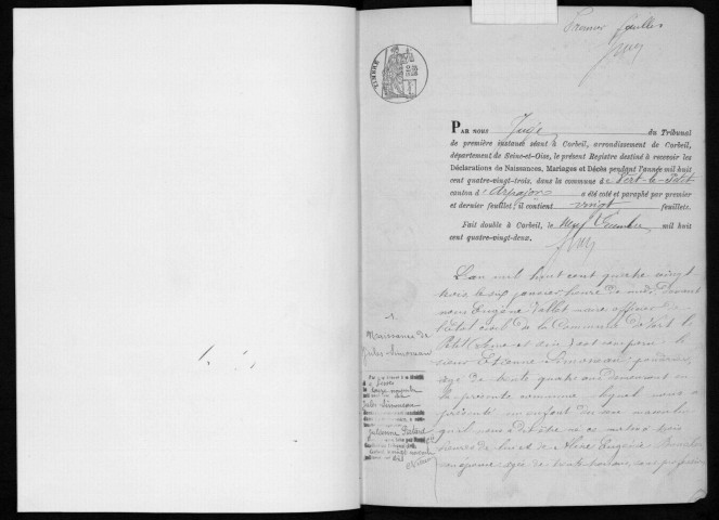 VERT-LE-PETIT. Naissances, mariages, décès : registre d'état civil (1883-1889). 