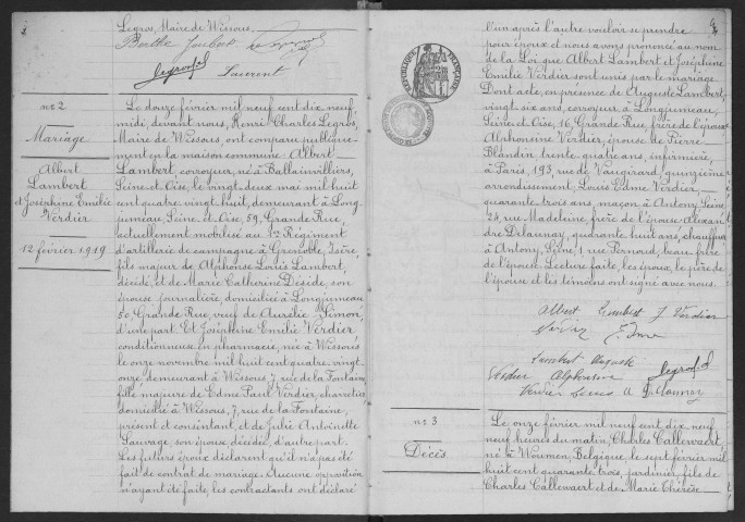 WISSOUS. - Naissances, mariages, décès : registre d'état civil.