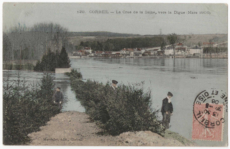 CORBEIL-ESSONNES. - La crue de la Seine vers la digue (mars 1906), Mardelet, Dubuisson, 1906, 21 lignes, 10 c, ad., coloriée. 