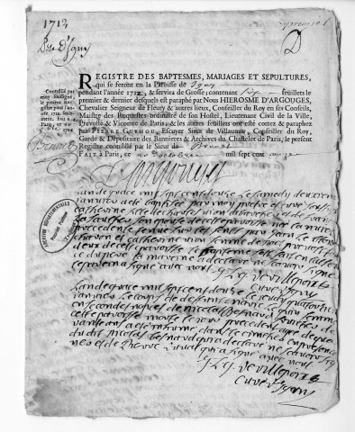 IGNY. Paroisse Saint-Pierre : Baptêmes, mariages, sépultures : registre paroissial (1692-1736). [Lacunes : B.M.S. (1706, 1713-1736)]. 
