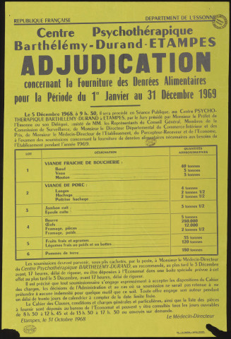 ETAMPES. - Adjudication concernant la fourniture des denrées alimentaires pour la période du 1er janvier au 31 décembre 1969, 5 décembre 1968. 