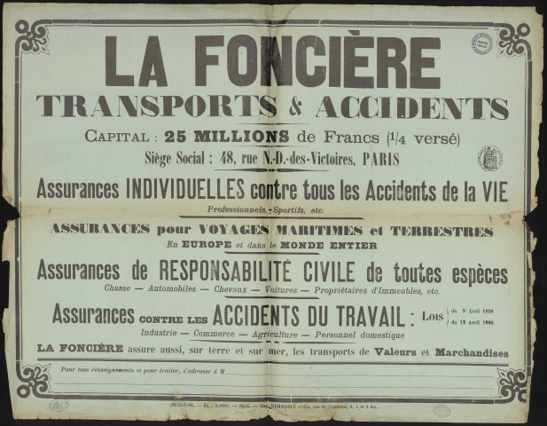 FRANCE (Pays).- Assurances individuelles contre tous les accidents de la vie, [1921]. 
