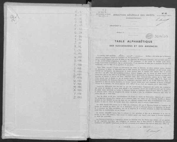JUVISY-SUR-ORGE, bureau de l'enregistrement. - Tables des successions et des absences, volume 21, 1961. 