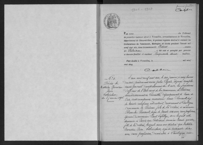 BIEVRES.- Naissances, mariages, décès : registre d'état civil (1906-1907). 