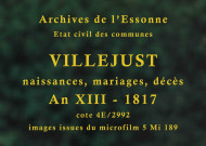 VILLEJUST. Naissances, mariages, décès : registre d'état civil (an XII-1817). 