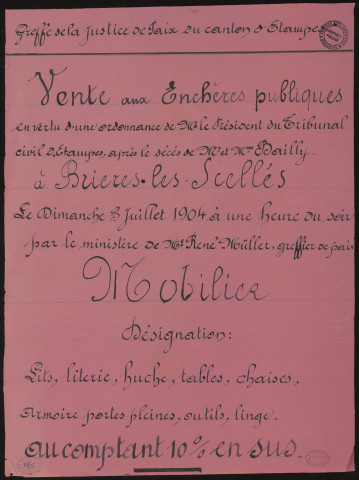 BRIERES-LES-SCELLES. - Vente aux enchères de mobilier après décès de M. et Mme BAILLY, 3 juillet 1904. 