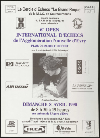 EVRY. - 6ème open international d'échecs de l'agglomération nouvelle d'Evry, Arènes de l'Agora, 8 avril 1990. 