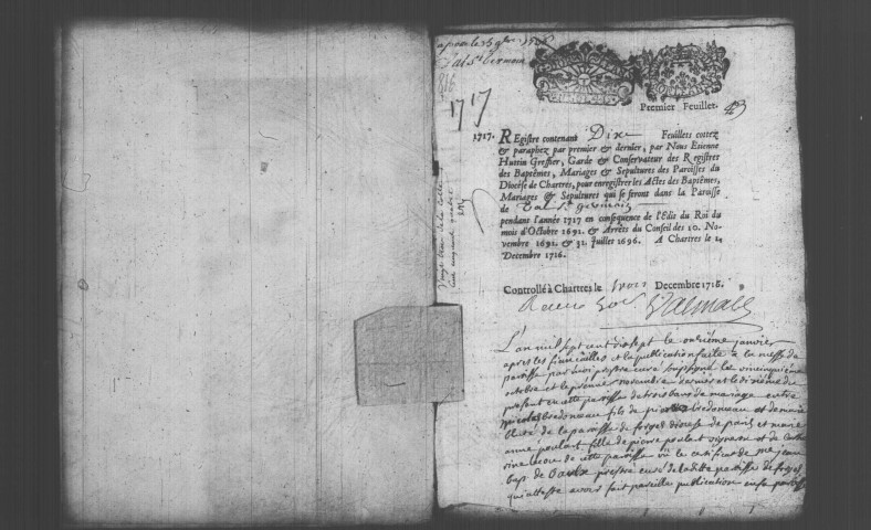 VAL-SAINT-GERMAIN (LE). Paroisse Saint-Germain : Baptêmes, mariages, sépultures : registre paroissial (1717-1734). [Nota bene : B.M.S. (1er janvier-1er février 1734), voir début 4E2808]. 