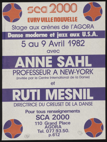 EVRY. - Stage de danse moderne et jazz, avec Anne Sahl et Ruti Mesnil, Arènes de l'Agora, 5 avril-9 avril 1982. 