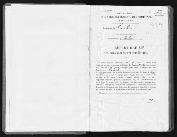 Conservation des hypothèques de CORBEIL. - Répertoire des formalités hypothécaires, volume n° 452 : A-Z (registre ouvert vers 1920). 