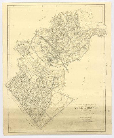 Plan topographique régulier de BRUNOY dressé et dessiné par M. GAZEAU, géomètre, vérifié par M. GRANIER, ingénieur-géomètre, Ministère de la Reconstruction et de l'Urbanisme, 1946. Ech. 1/5 000. N et B. Dim. 0,91 x 0,75. 