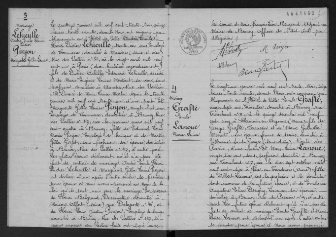 BRUNOY.- Mariages : registre d'état civil (1933). 