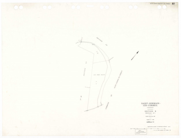 SAINT-GERMAIN-LES-CORBEIL, plans minutes de conservation : tableau d'assemblage,1938, Ech. 1/5000 ; plans des sections A2, B1, 1938, Ech. 1/2500, section B2, 1938, Ech. 1/1250, sections AB, AC, AD, AE, 1978, Ech. 1/1000, section ZA, 1988, Ech. 1/2000, section AA, 1991, Ech. 1/1000, AH, AI, AK, AL, AM, 1994, Ech. 1/1000, section AN, 1994, Ech. 1/2000. Polyester. N et B. Dim. 105 x 80 cm [16 plans]. 
