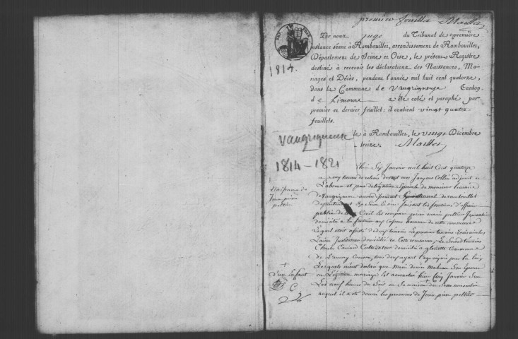 VAUGRIGNEUSE. Naissances, mariages, décès : registre d'état civil (1814-1821). 